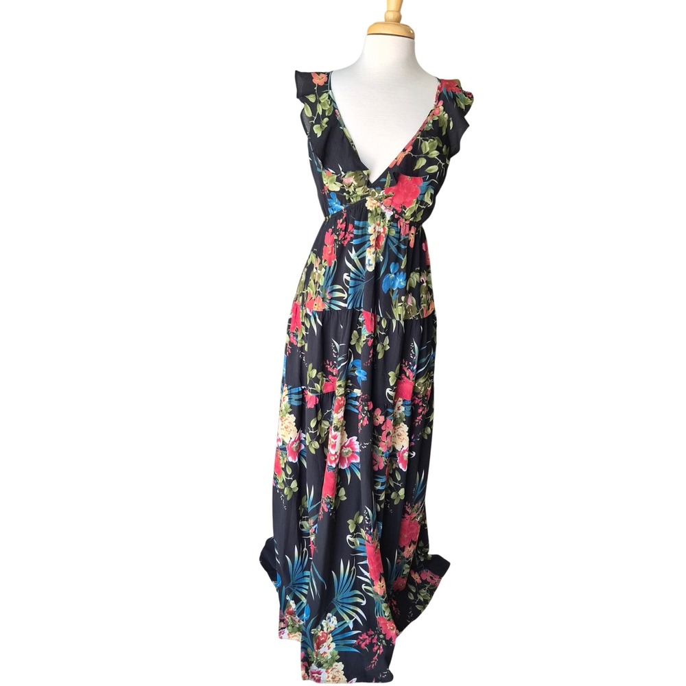 Meghan Los Angeles Floral Maxi Dress Black Tropical Ruffle Tiered Large MEG8226